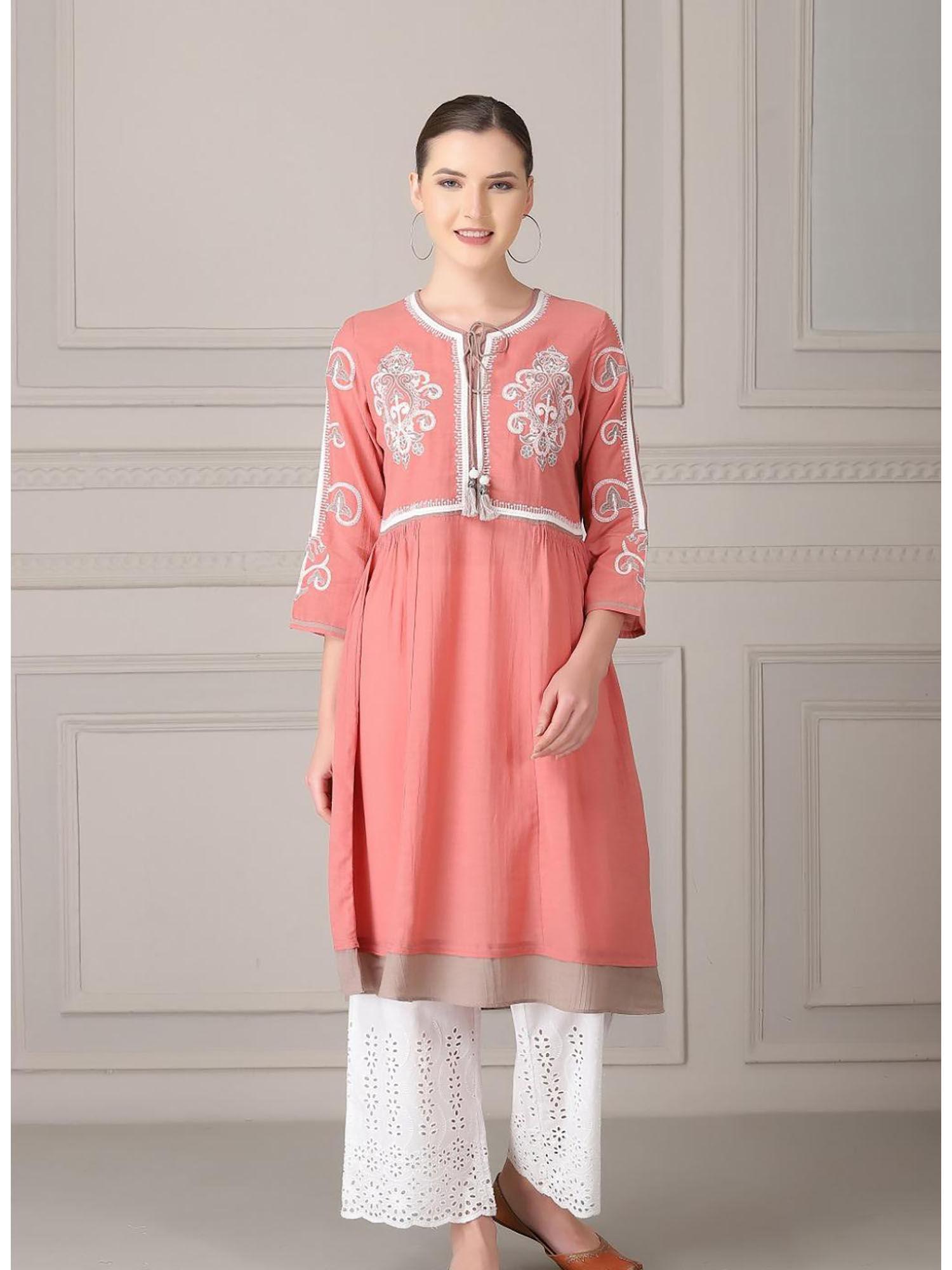 coral rose embroidered tunic with shirring