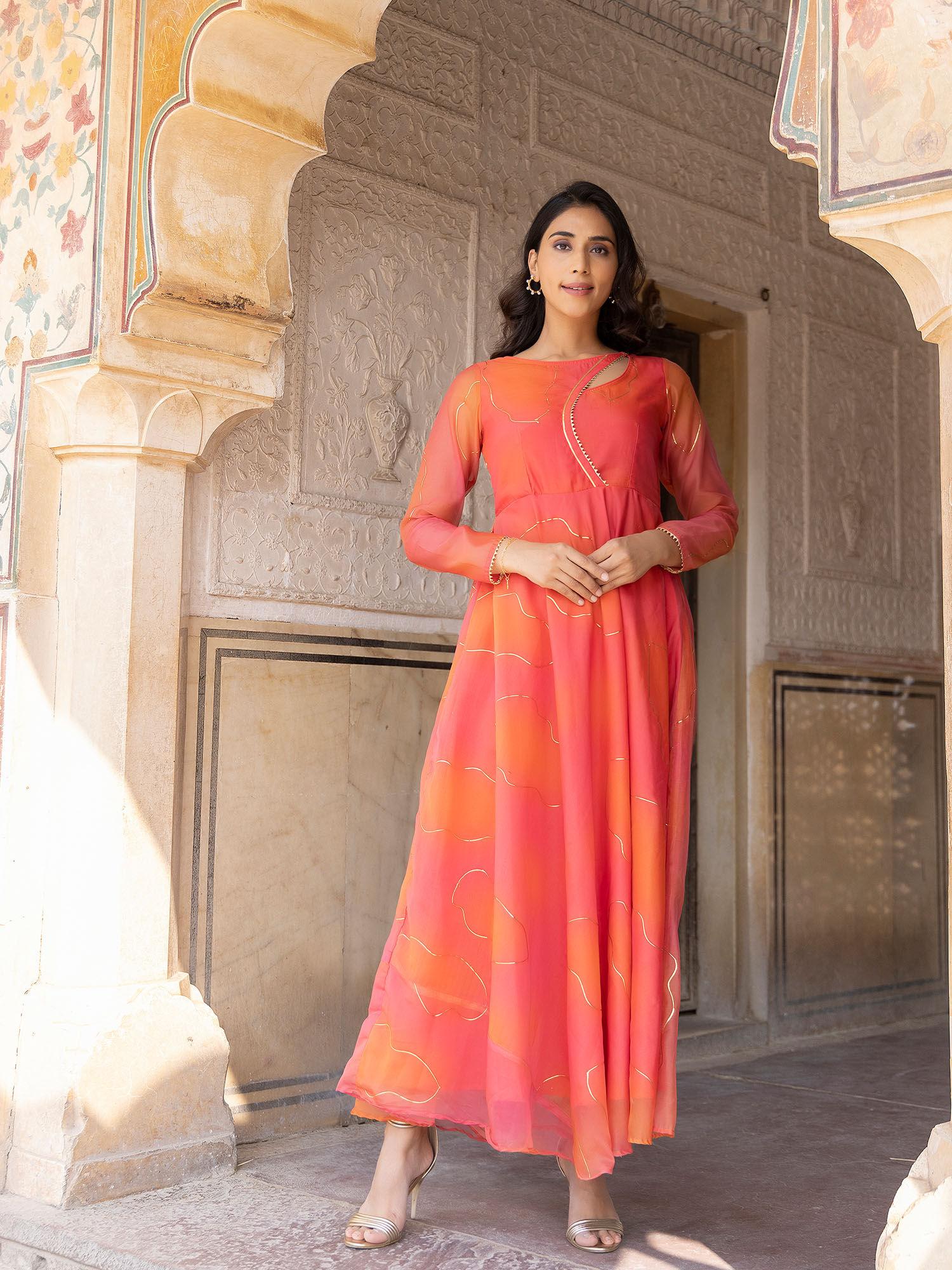 coral rose peach-orange flare kurta