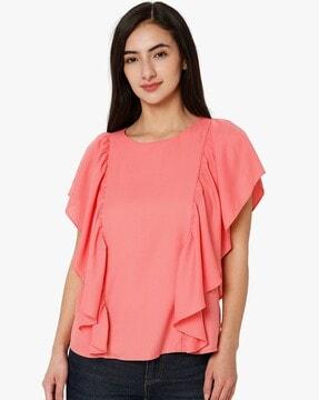 coral round-neck top with ruffles