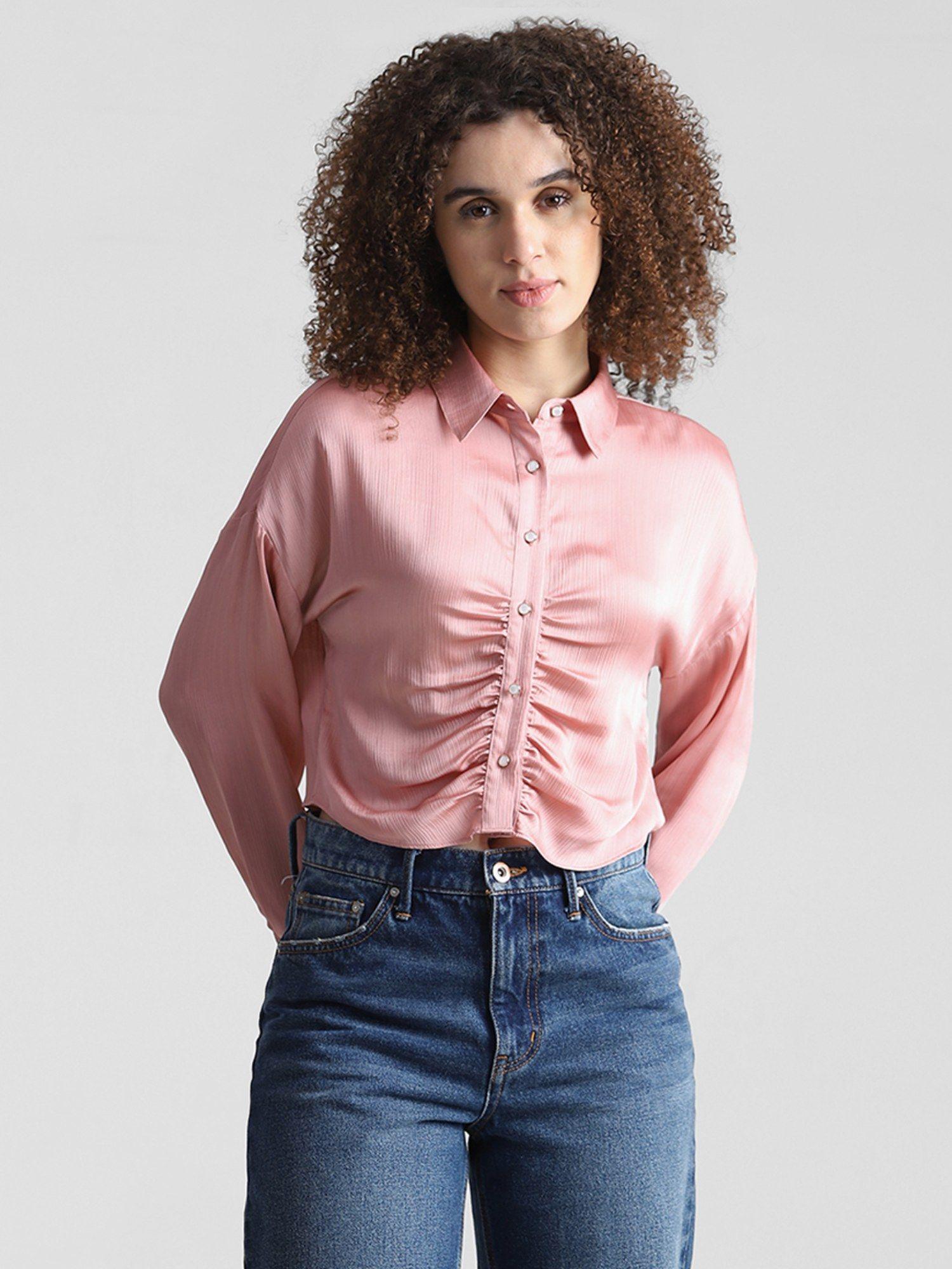 coral ruched full sleeves shirt