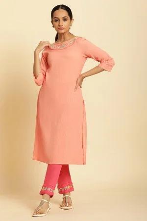 coral seer sucker kurta with multi-coloured floral embroidery