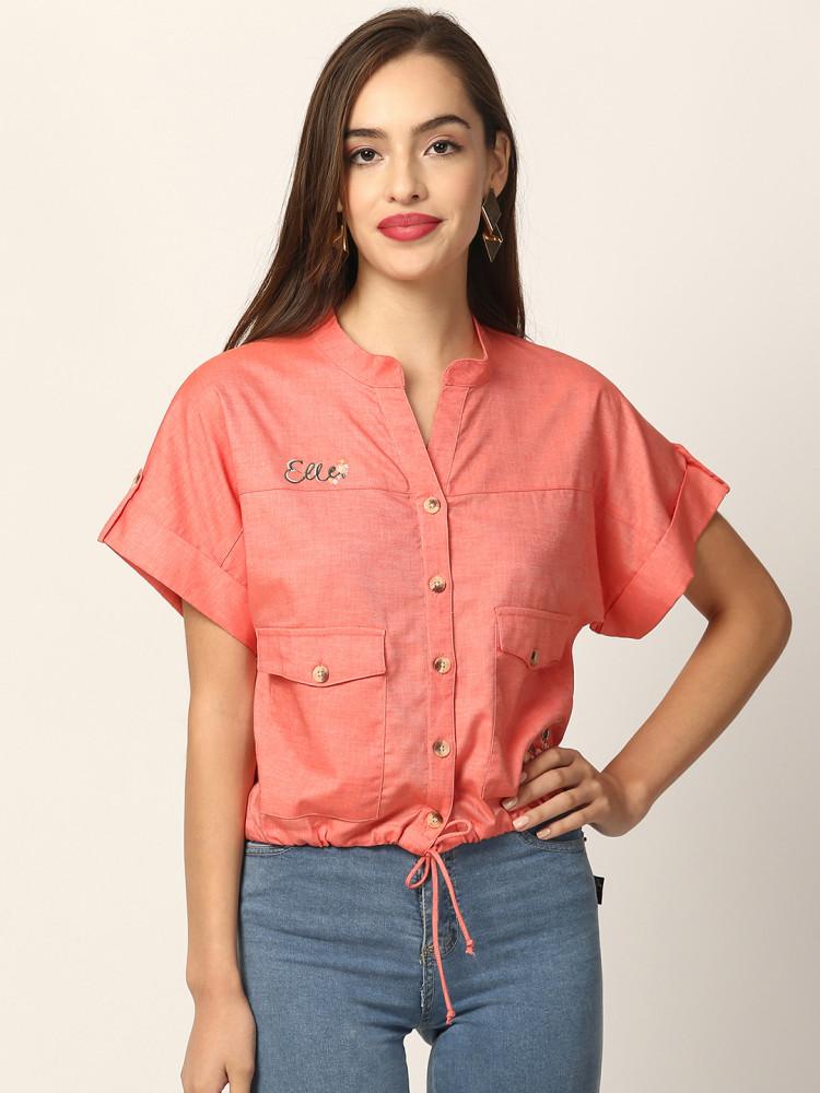 coral self-design mandarin collar top