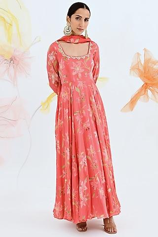 coral sequinned anarkali set