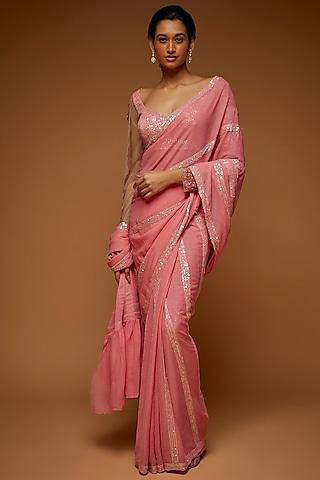 coral shimmer georgette sequins embellished saree set