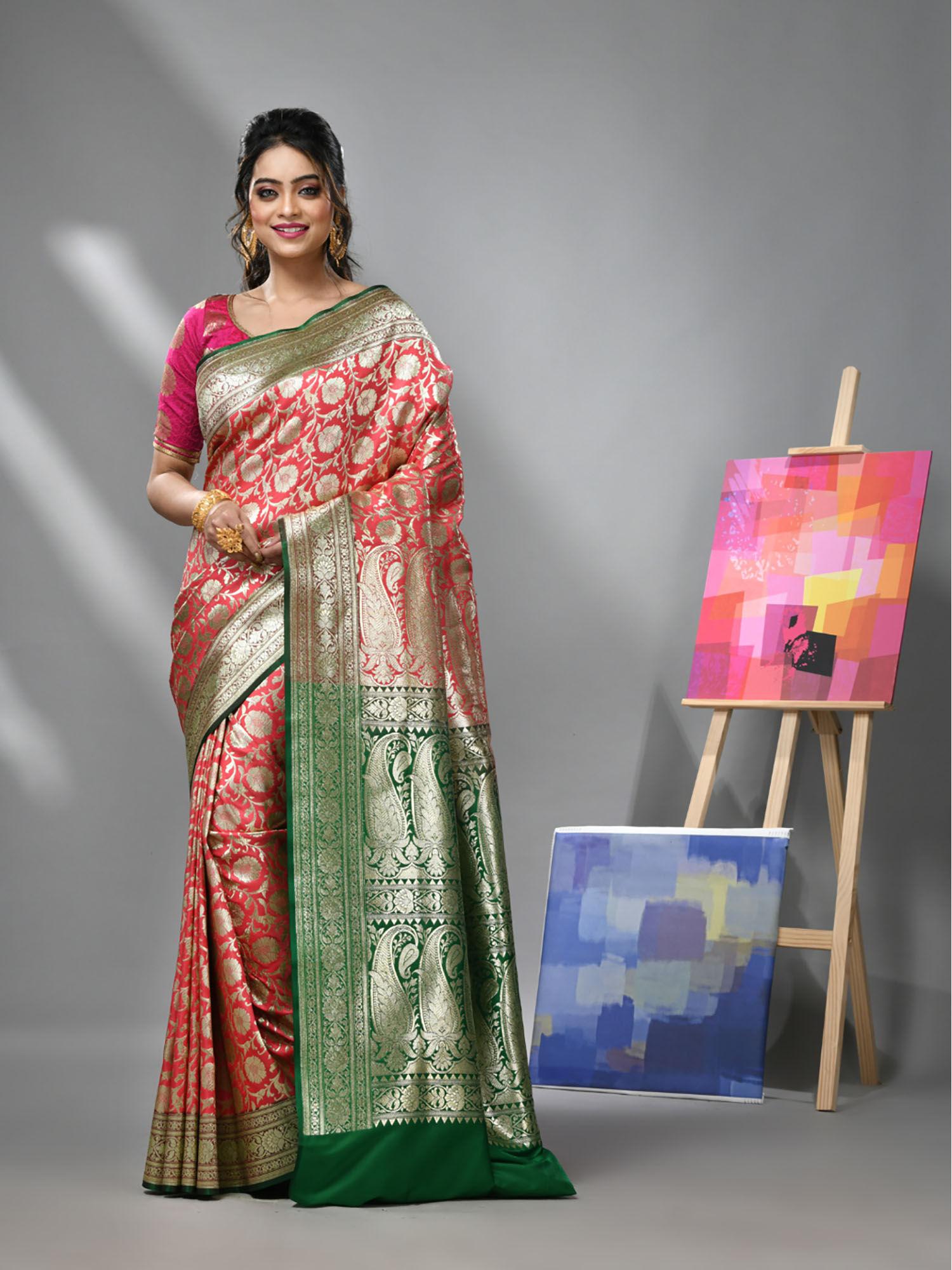 coral silk banarasi saree with zari woven designs & unstitched blouse