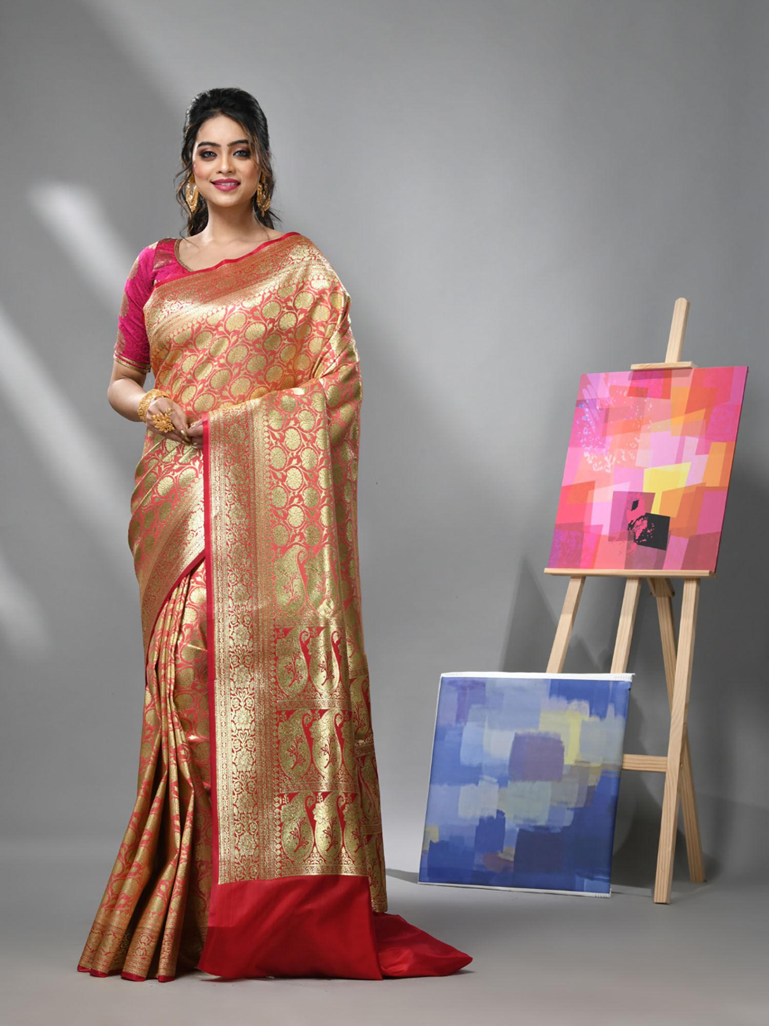 coral silk banarasi saree with zari woven designs & unstitched blouse