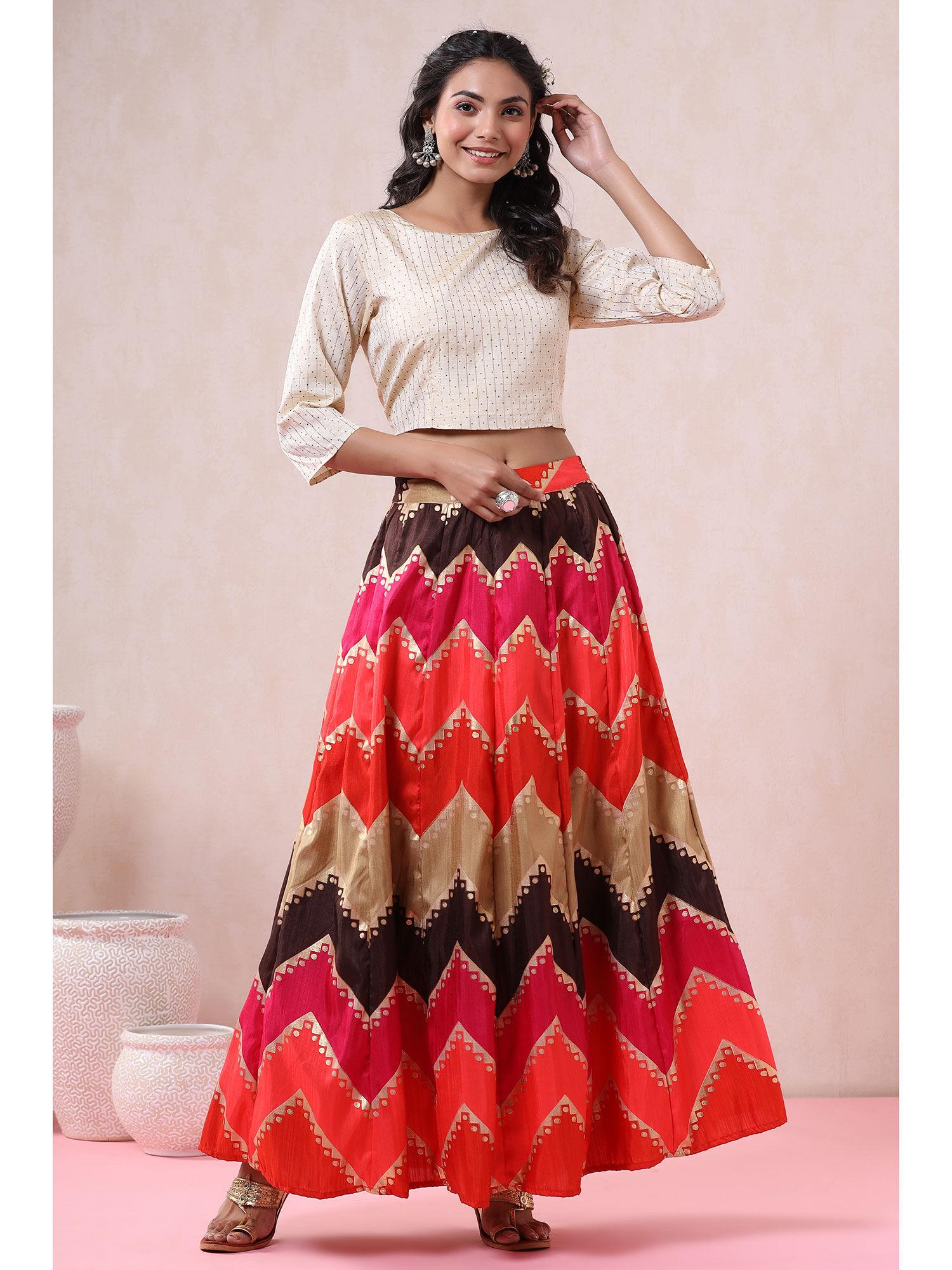 coral silk crepe striped print lehenga choli set