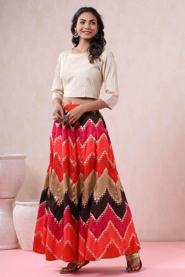 coral silk crepe striped print lehenga choli set