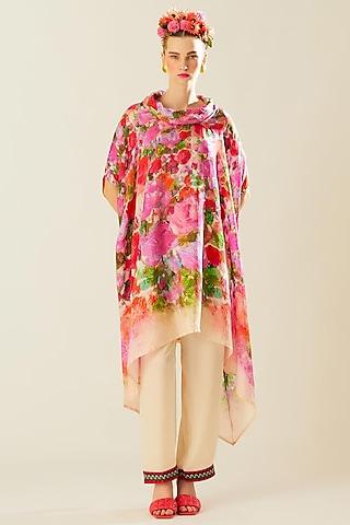 coral silk printed draped tunic