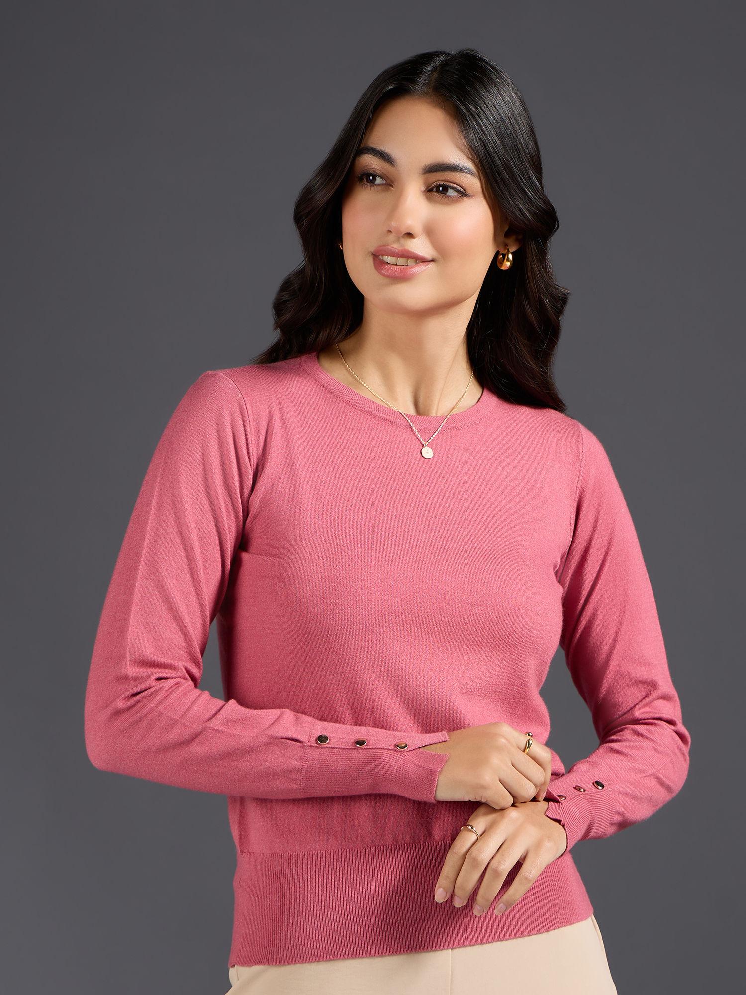 coral solid buttoned cuffs sweater top