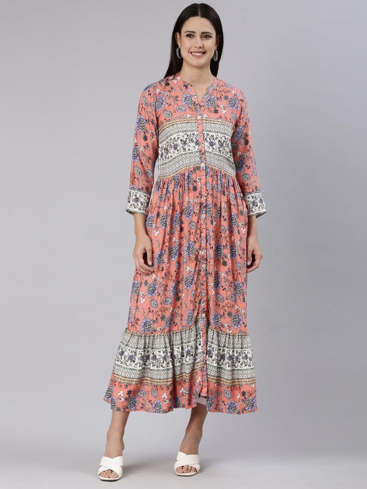 coral straight casual floral dress