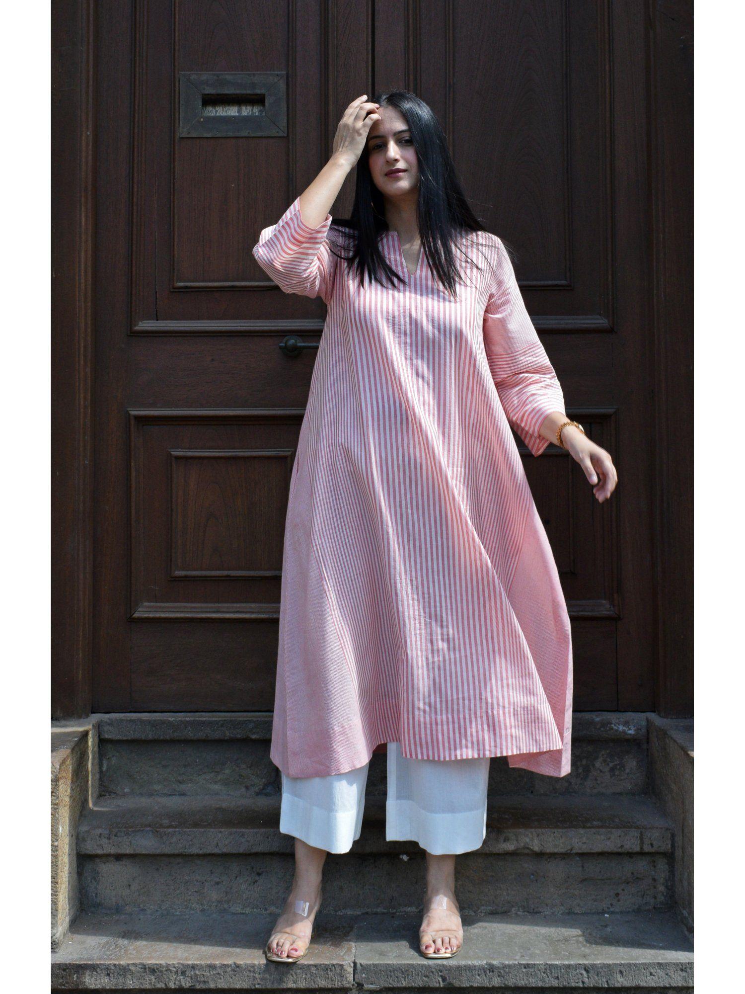 coral stripe a line kurta in handwoven cotton