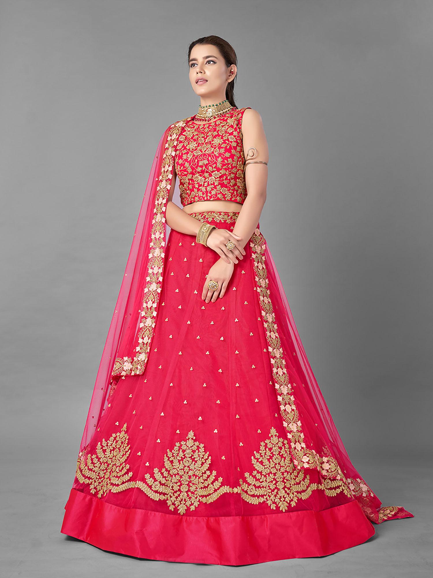 coral thread embroidered soft net semi stitched lehenga with unstitched blouse (set of 3)