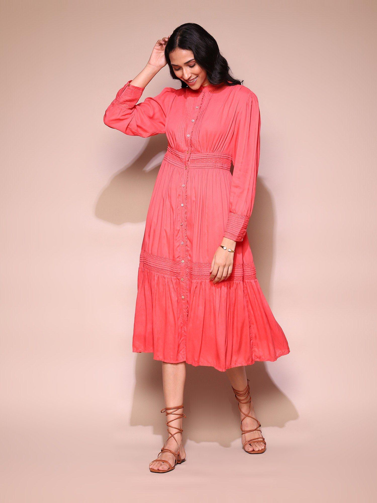 coral tiered midi dress with inner (set of 2)