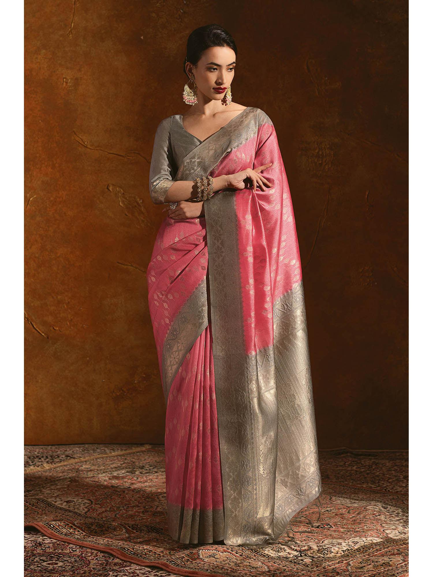 coral tussar silk woven zari designs and grey pallu saree with unstitched blouse