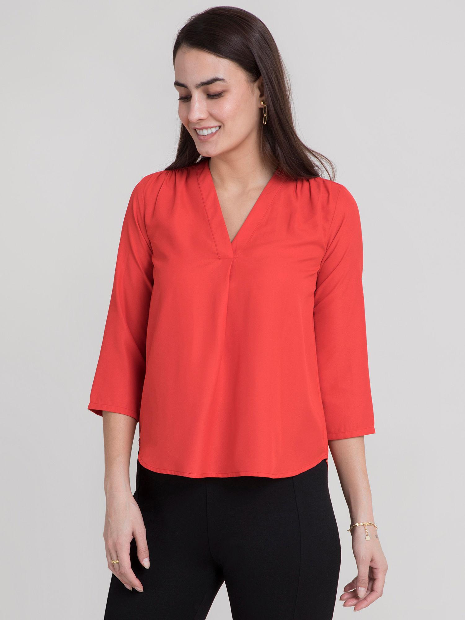 coral v neck pleated top