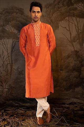 coral viscose french knot embroidered kurta set