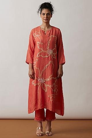 coral viscose silk embroidered kurta set