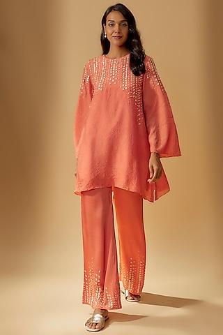 coral viscose silk hand embroidered kurta set