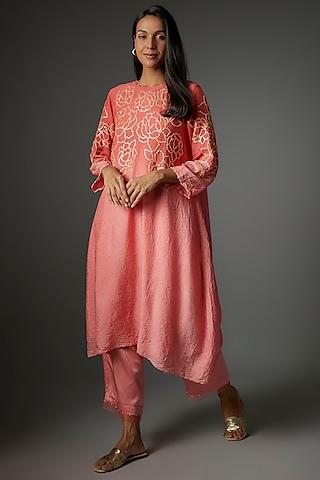 coral viscose silk hand embroidered kurta set