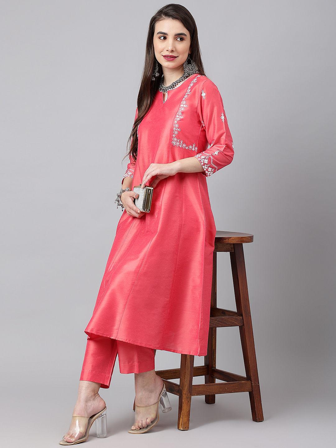 coral woven design embroidered a-line kurta with solid trousers (set of 2)