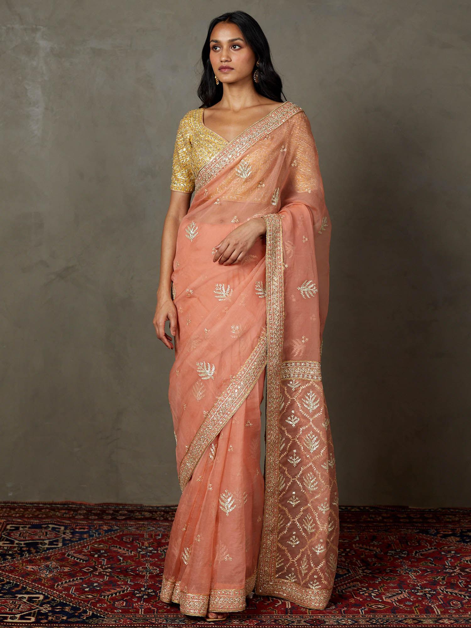 coral yellow machine & hand emb sterling saree with stitched blouse (m)