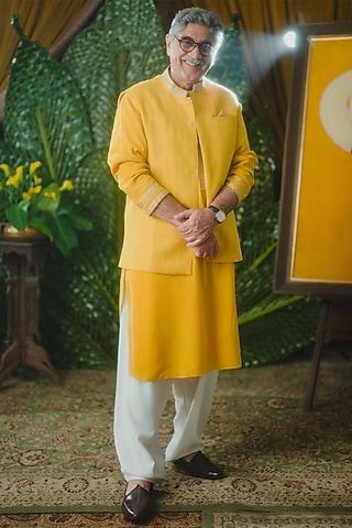 corn yellow tissue bundi jacket with kurta set