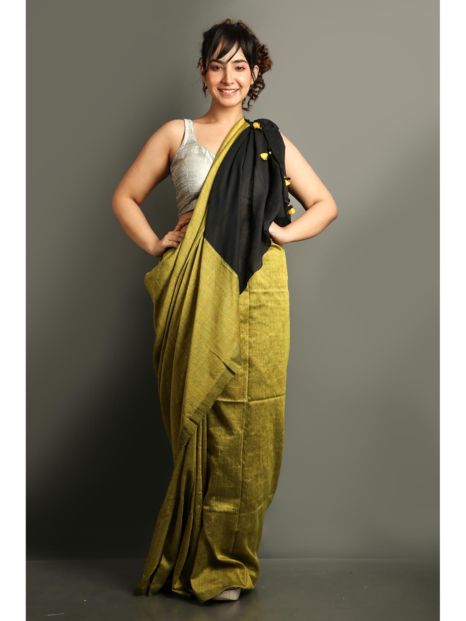 corn yellow cotton handloom saree with unstitched blouse