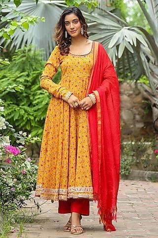 corn yellow french crepe hand embroidered & printed anarkali set