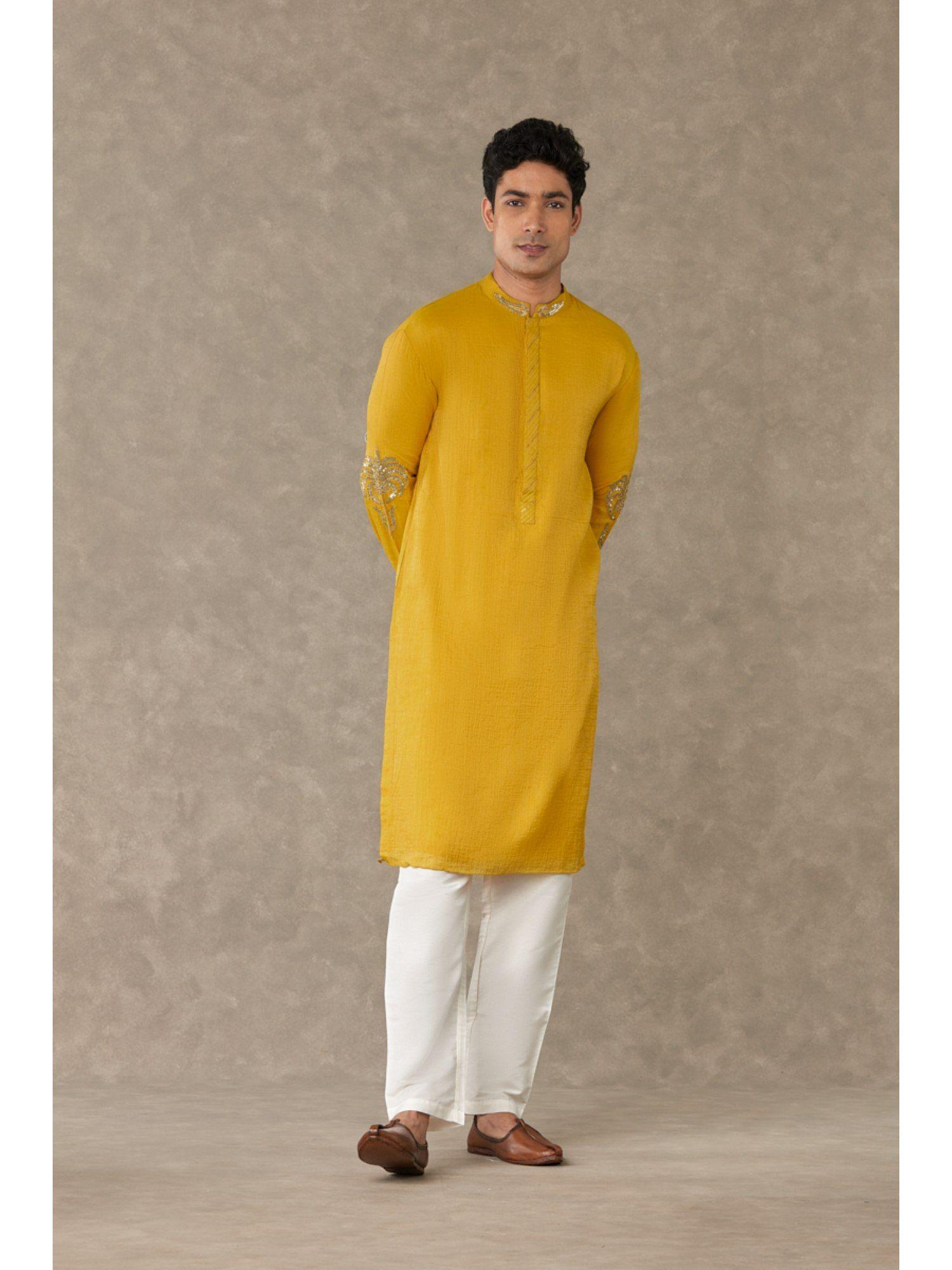 corn yellow shajara embroidered kurta