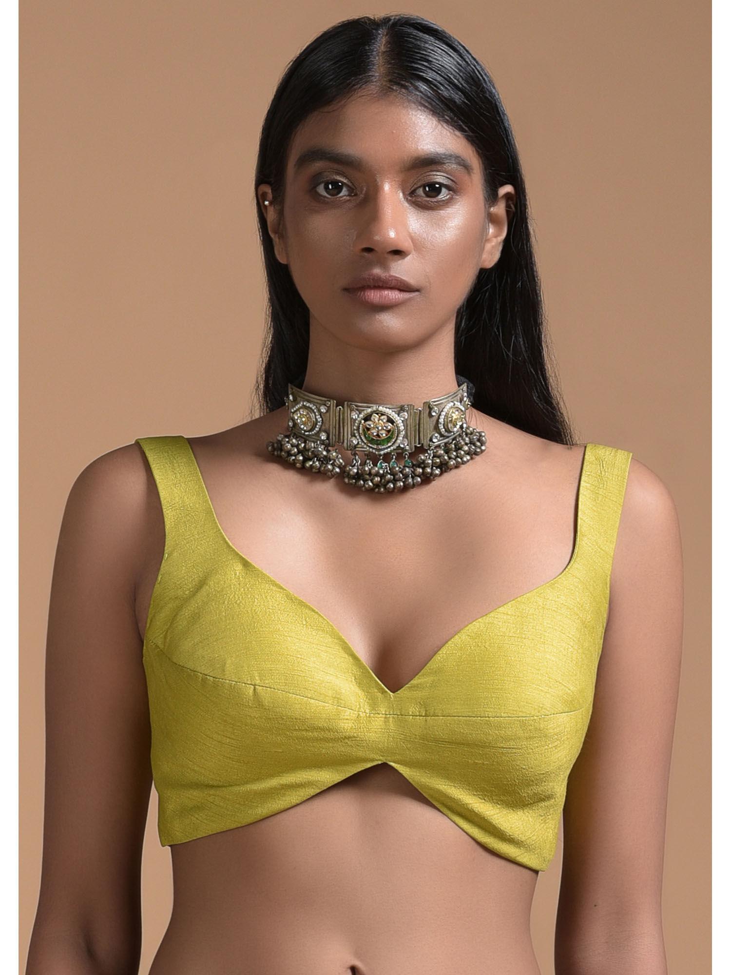 corn yellow sleeveless blouse in raw silk with neckline & curved hem