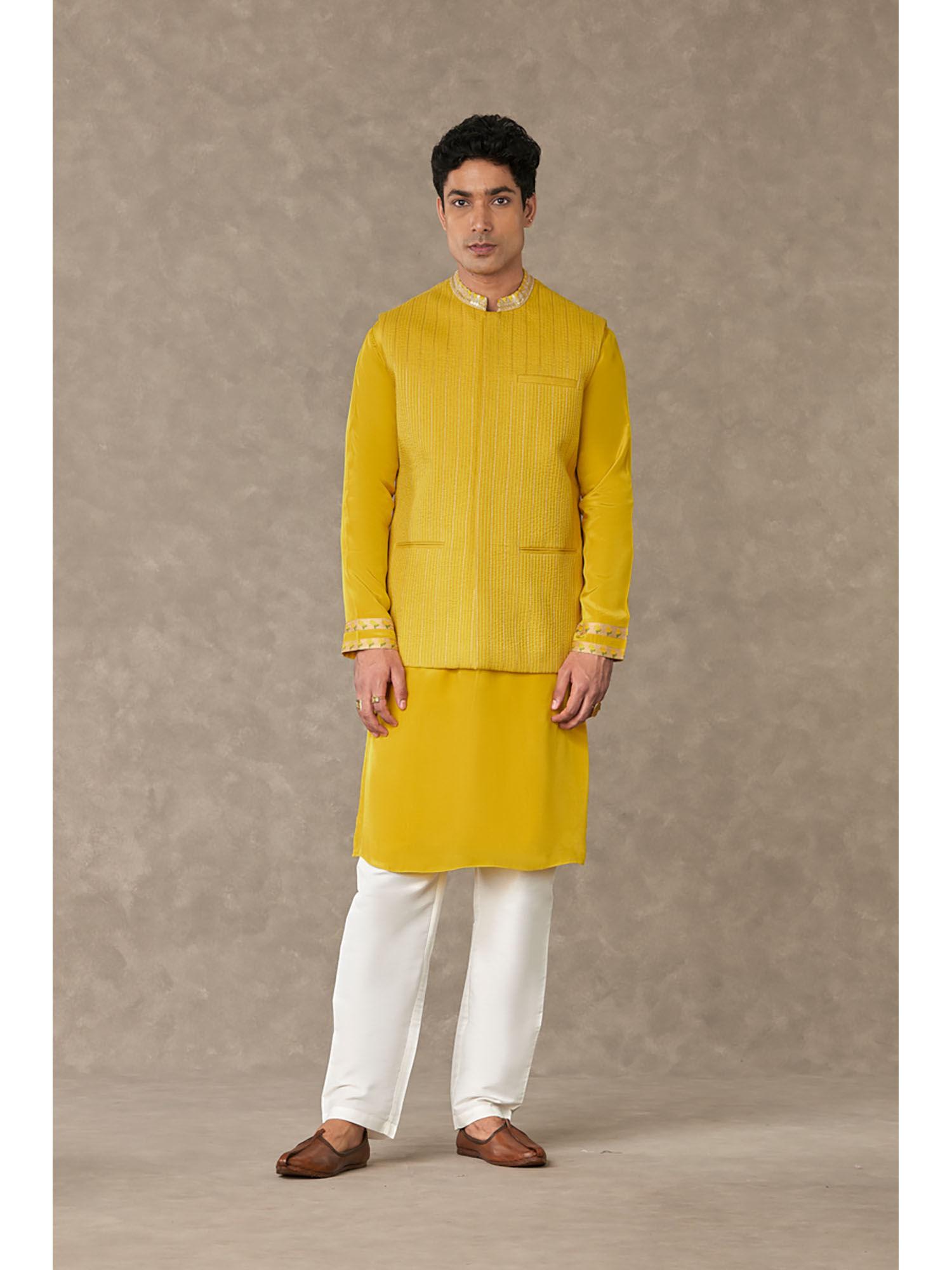 corn yellow tissue nehru jacket with kurta and pant (set of 3)