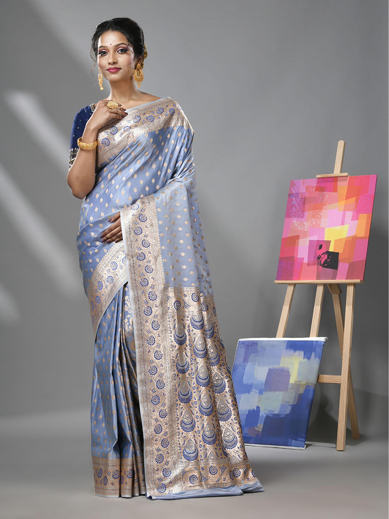 cornflower blue katan silk banarasi saree with zari woven designs & unstitched blouse