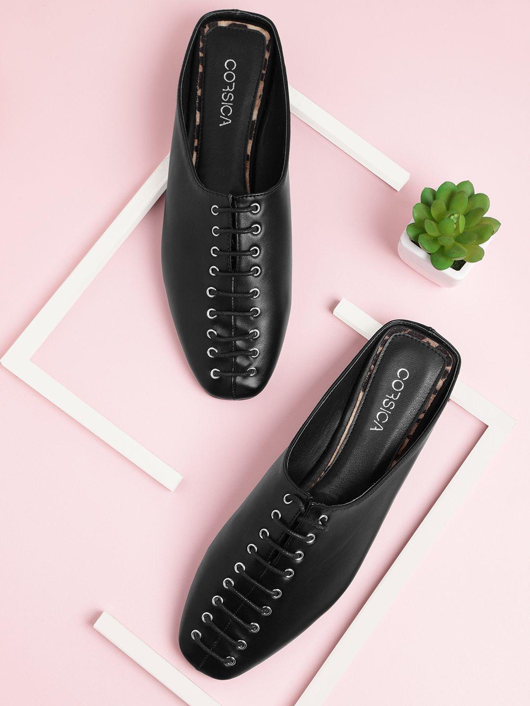 corsica women black solid mules with tie-up detail