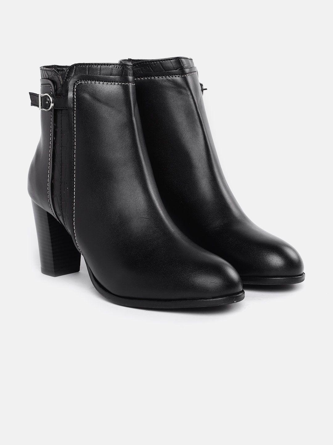 corsica women black solid with croc textured detail mid-top block heel regular boots