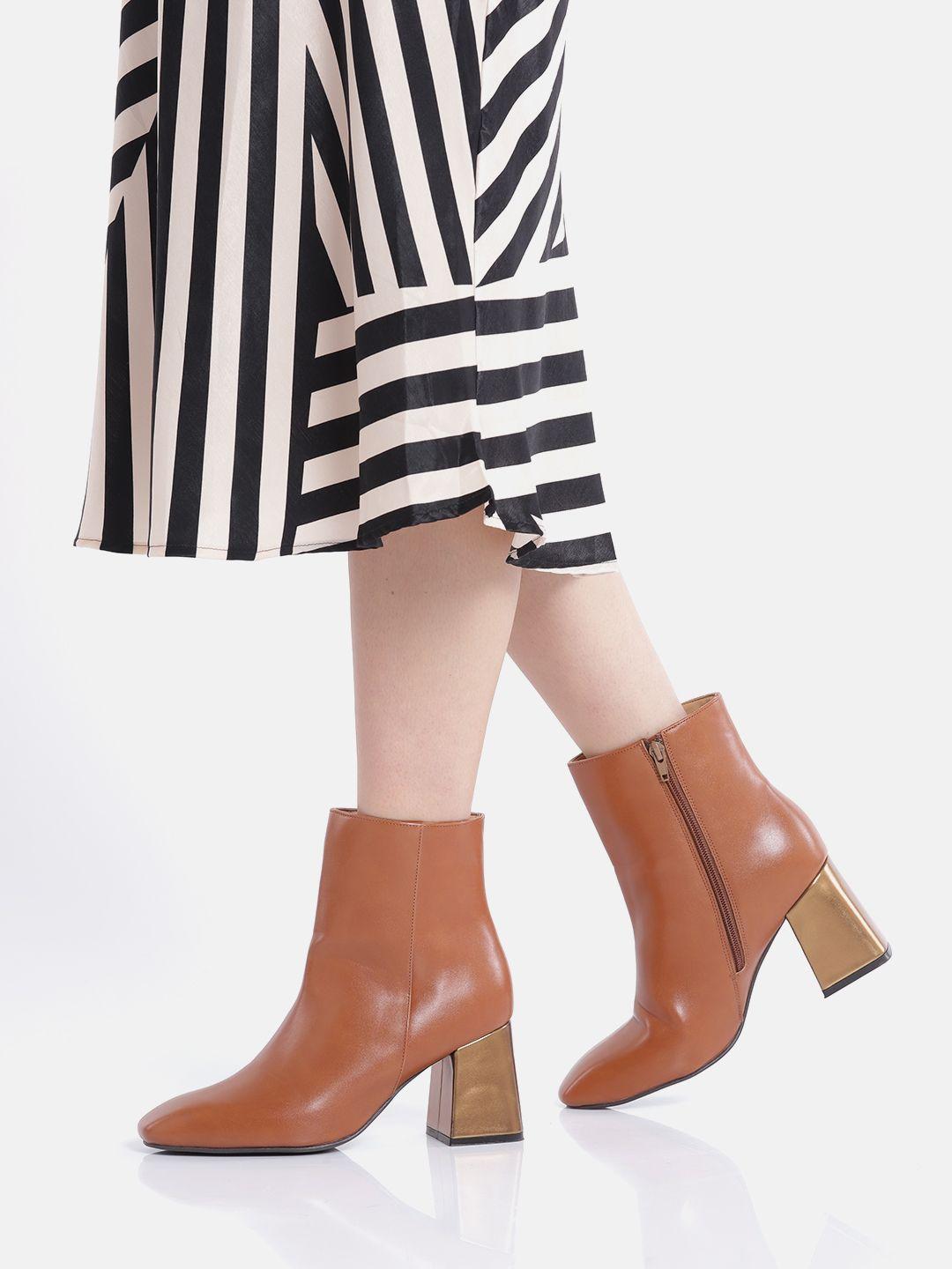 corsica tan brown solid mid-top block heeled boots