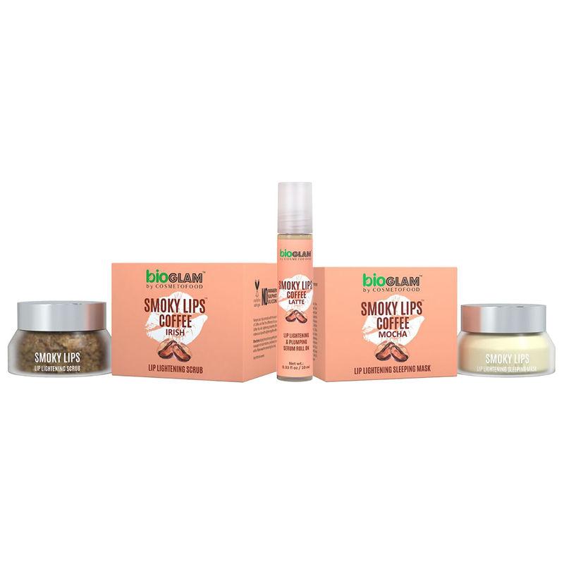 cosmetofood bioglam smoky lips coffee range with lip scrub lip roll-on lip mask