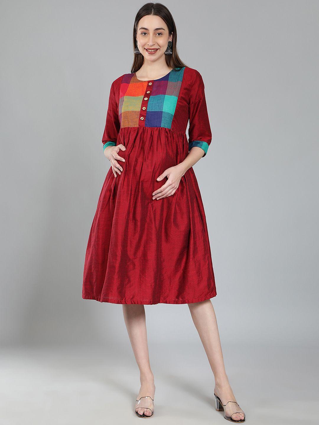 cot'n soft colourblocked maternity fit & flare ethnic dress