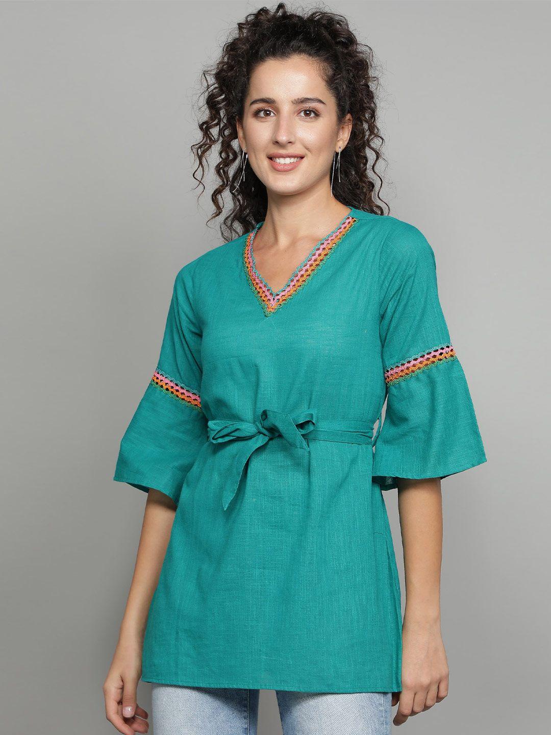 cot'n soft green woven design v-neck flared sleeves pure cotton kurti
