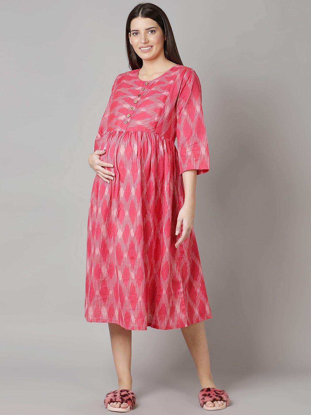 cot'n soft pink ikat pure cotton maternity a-line midi dress