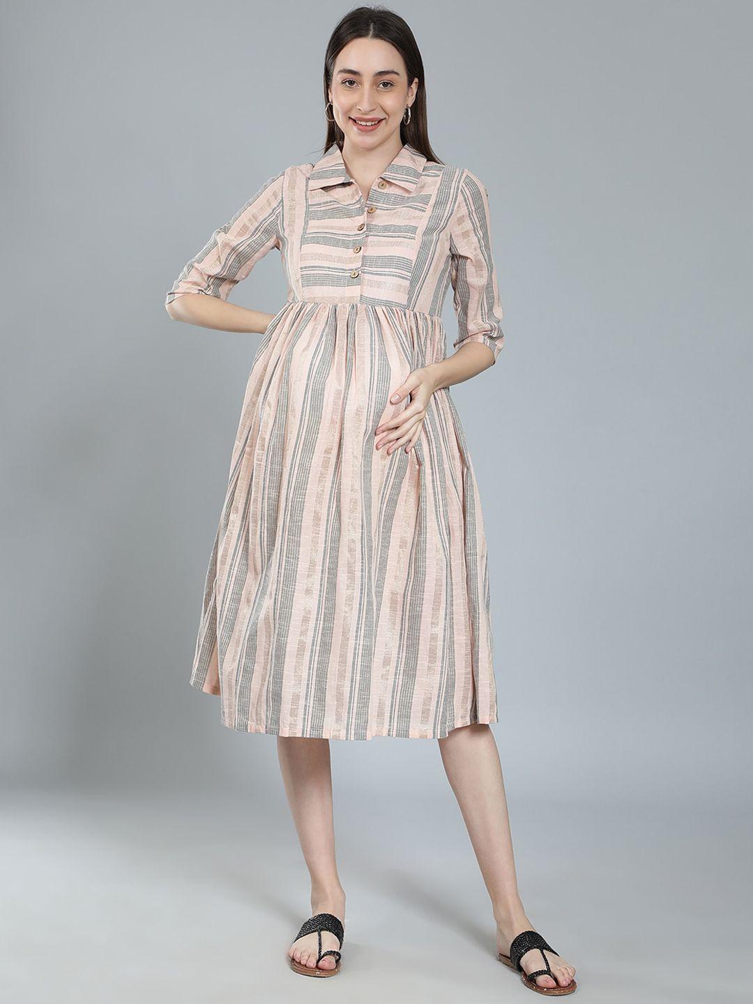 cot'n soft striped shirt collar midi fit and flare maternity pure cotton ethnic dress