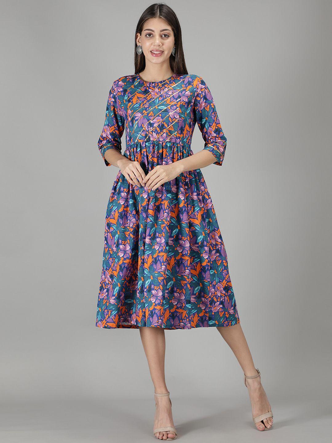 cot'n soft teal & violet floral printed cotton a-line dress
