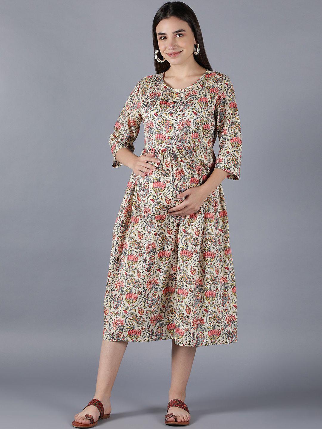 cot'n soft white kalamkari printed maternity a-line midi dress