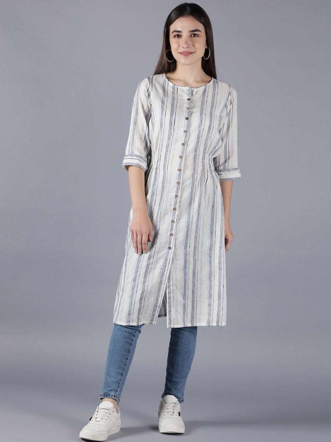 cot'n soft women white geometric striped thread work dobby handloom kurta