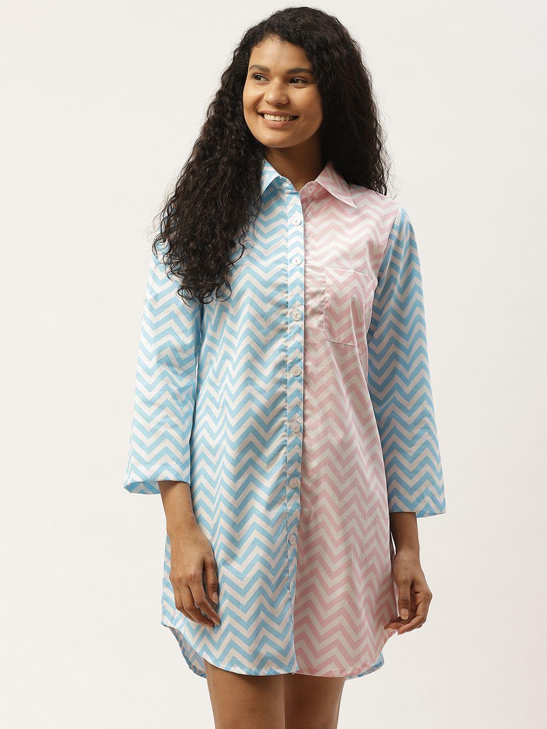 cotclo women blue & pink chevron print cotton sleep shirt