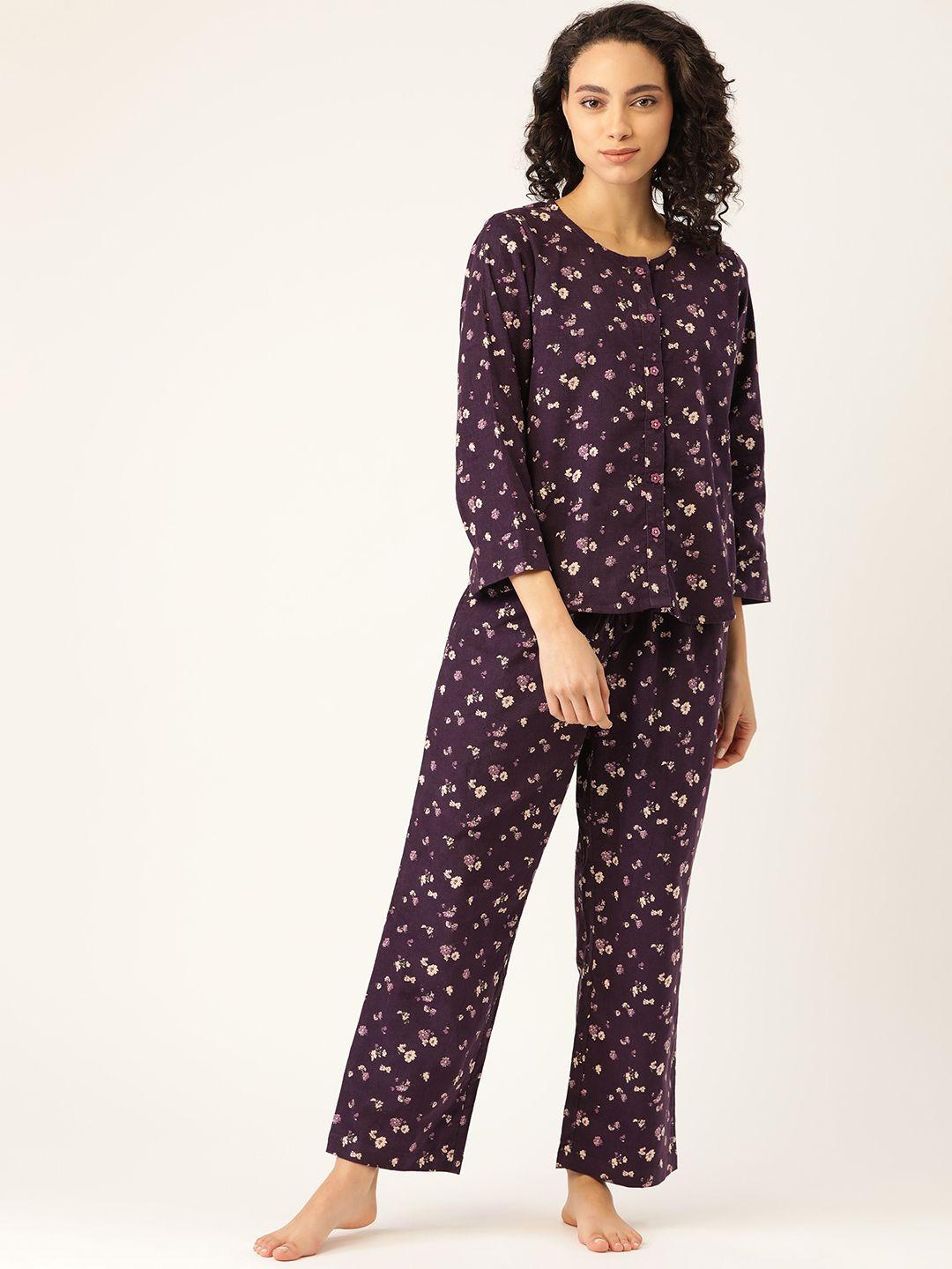 cotclo women purple & off-white pure cotton floral print corduroy night suit