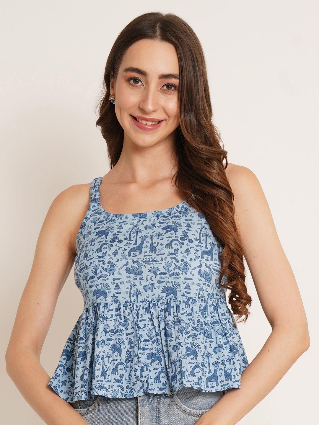 cotland fashion blue floral print cotton top