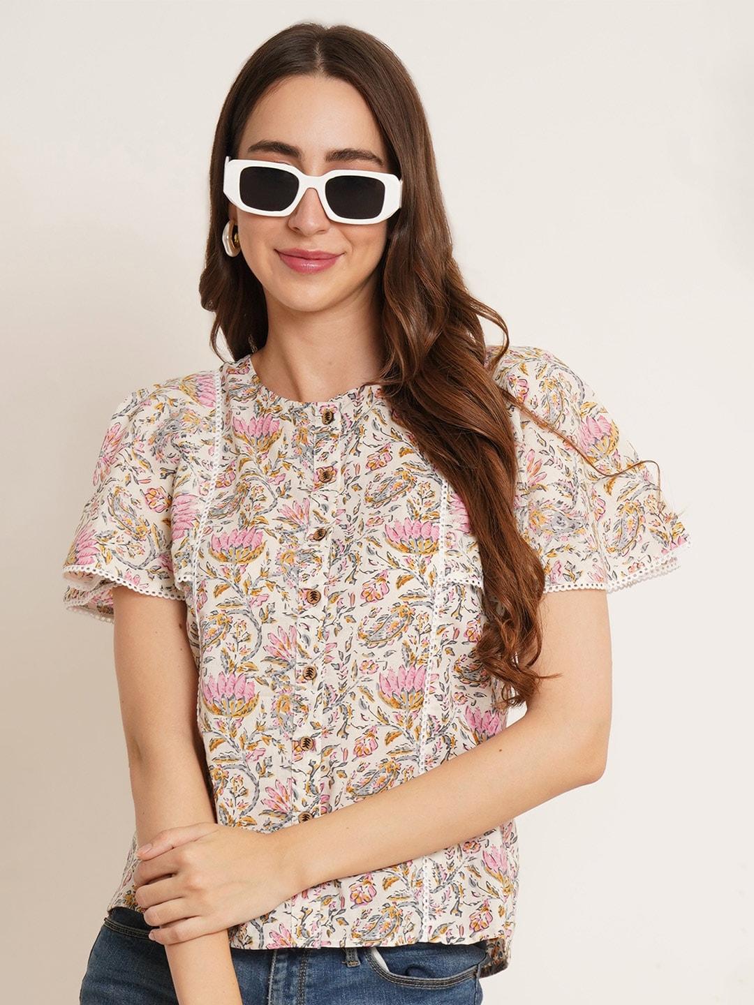 cotland fashion floral printed flutter sleeves pure cotton shirt style top