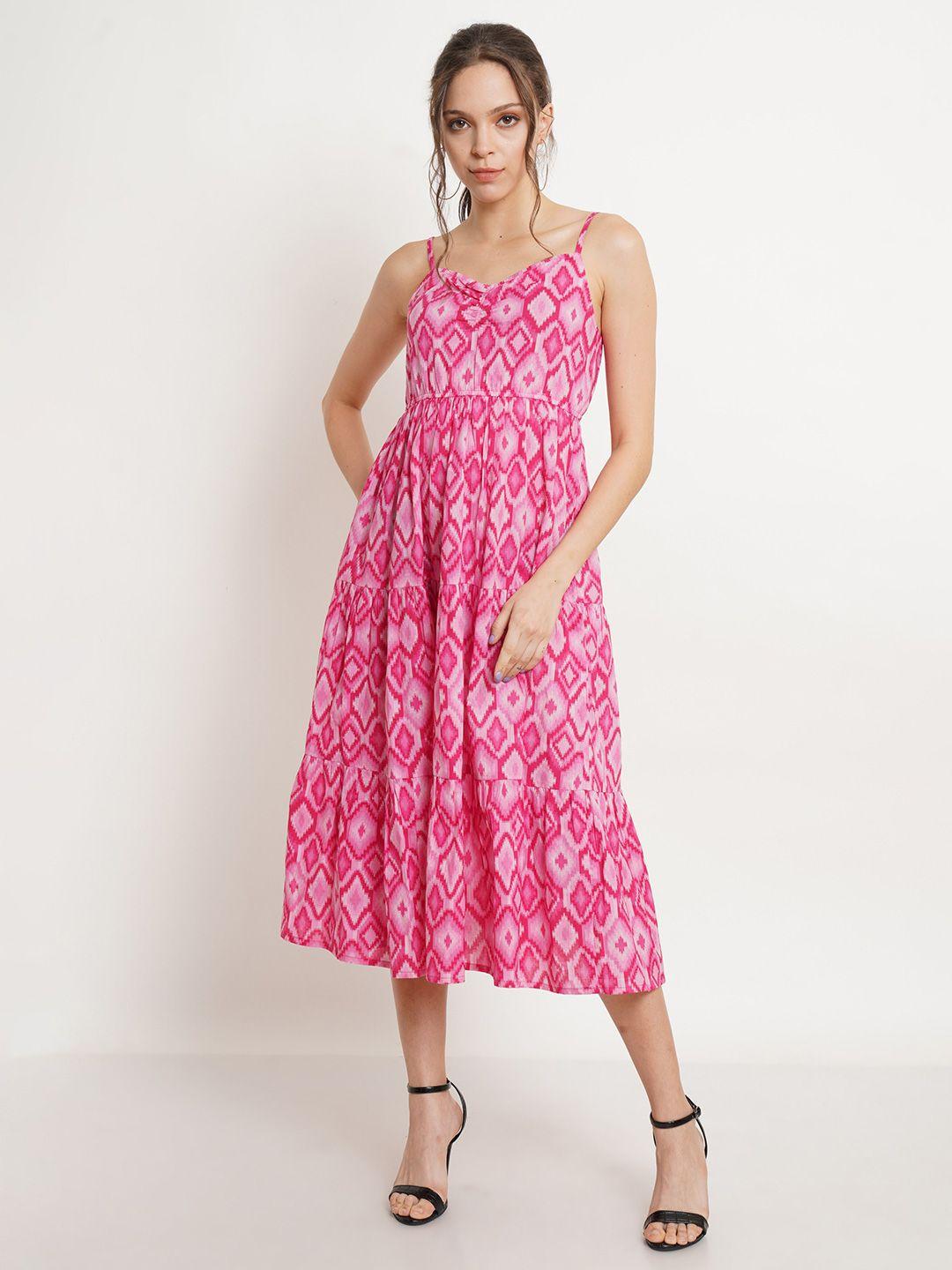 cotland fashion abstract printed flounce cotton fit & flare midi dress