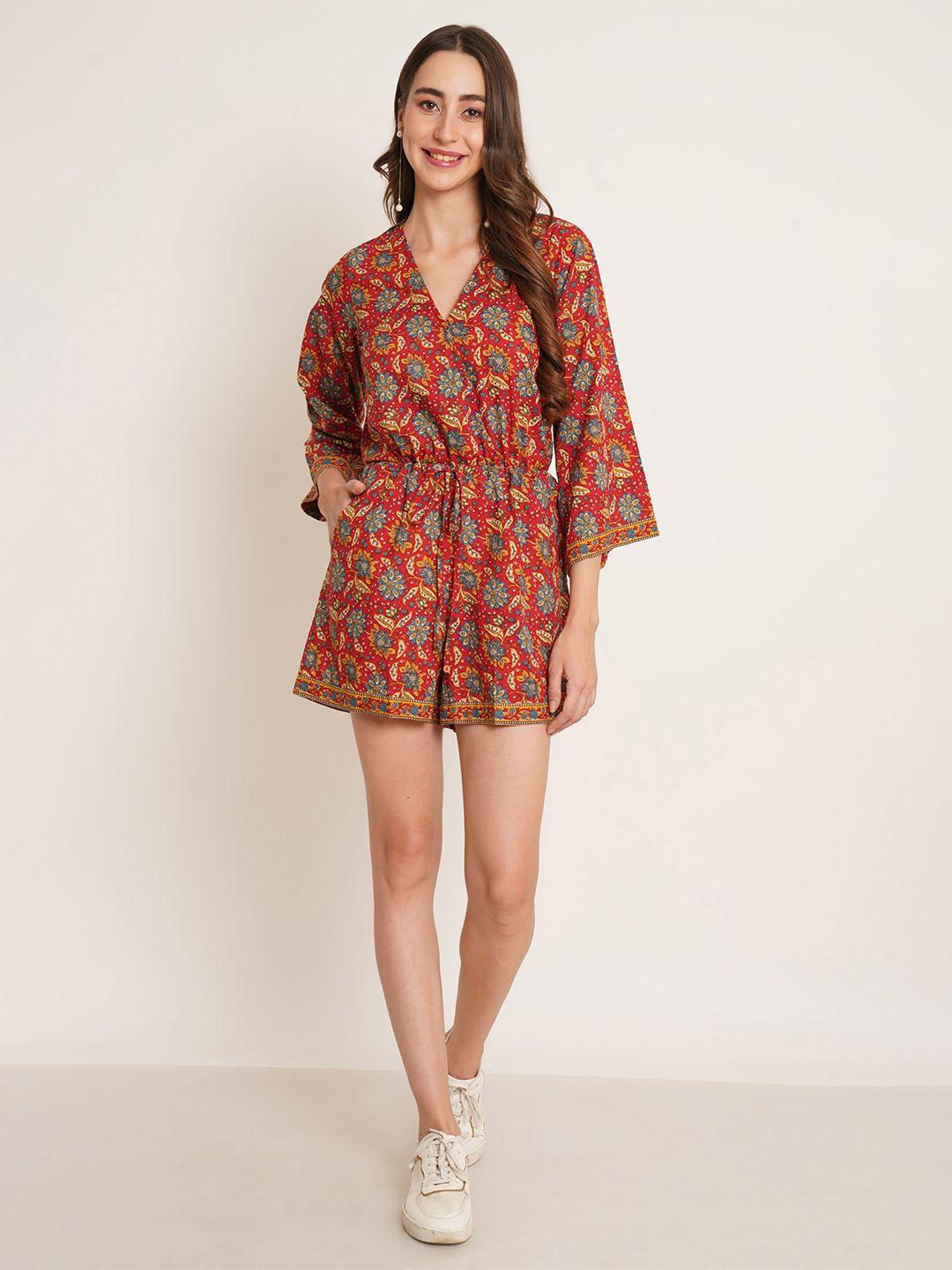 cotland fashion ethnic motifs printed waist tie ups playsuit